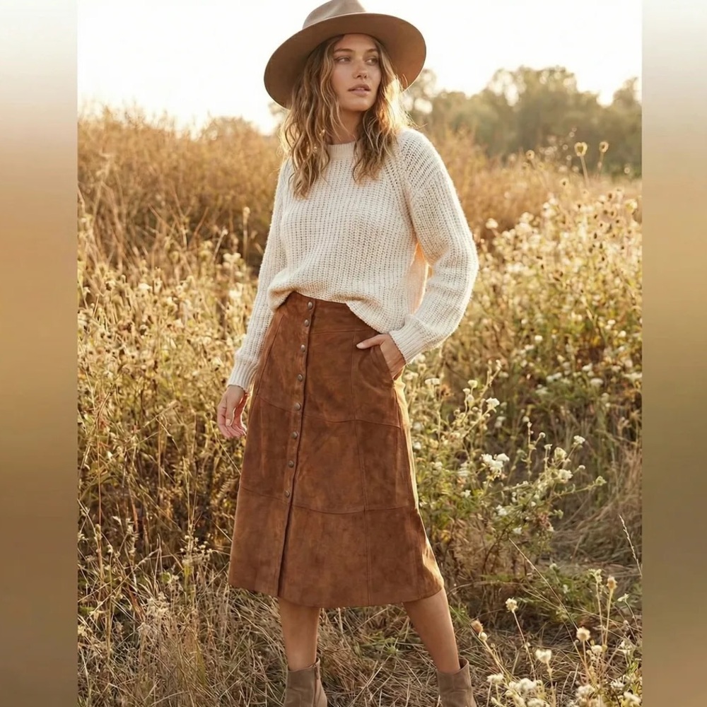 Suede Midi Skirt | 100% Leather| Front Snap Closure A-Line | Tan | Size M